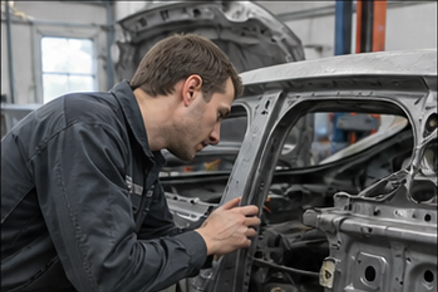 Technician inspecting repair work inside the Invisible Touch collision bay