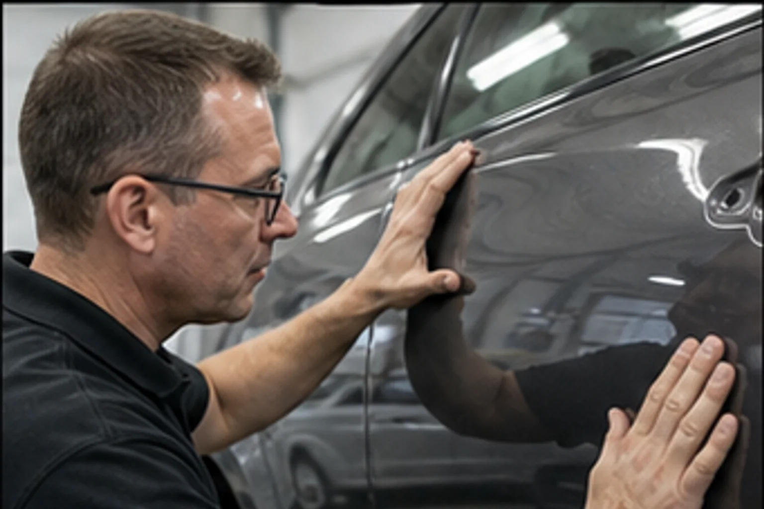 Technician inspecting repair work inside the Invisible Touch collision bay