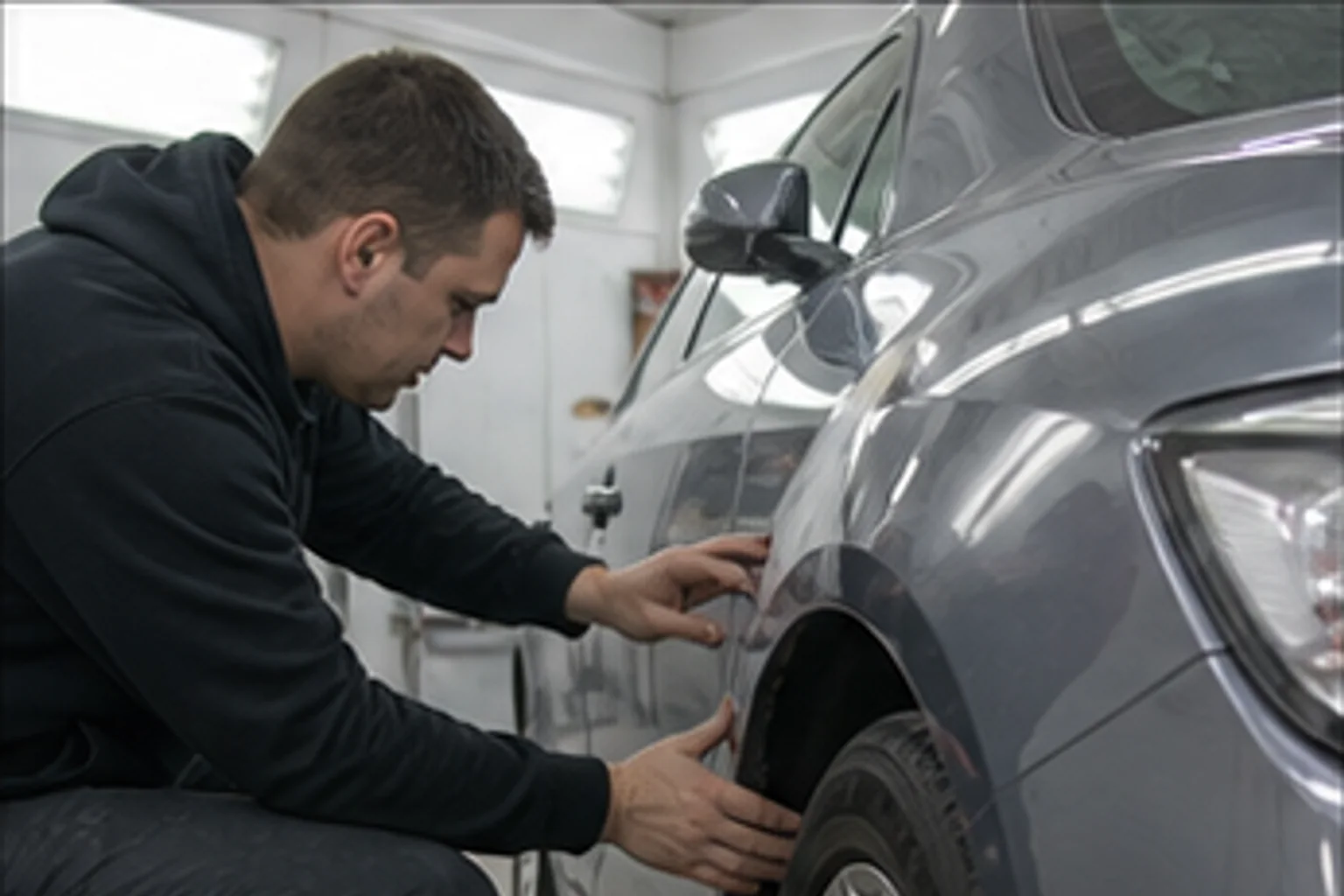 Technician inspecting repair work inside the Invisible Touch collision bay