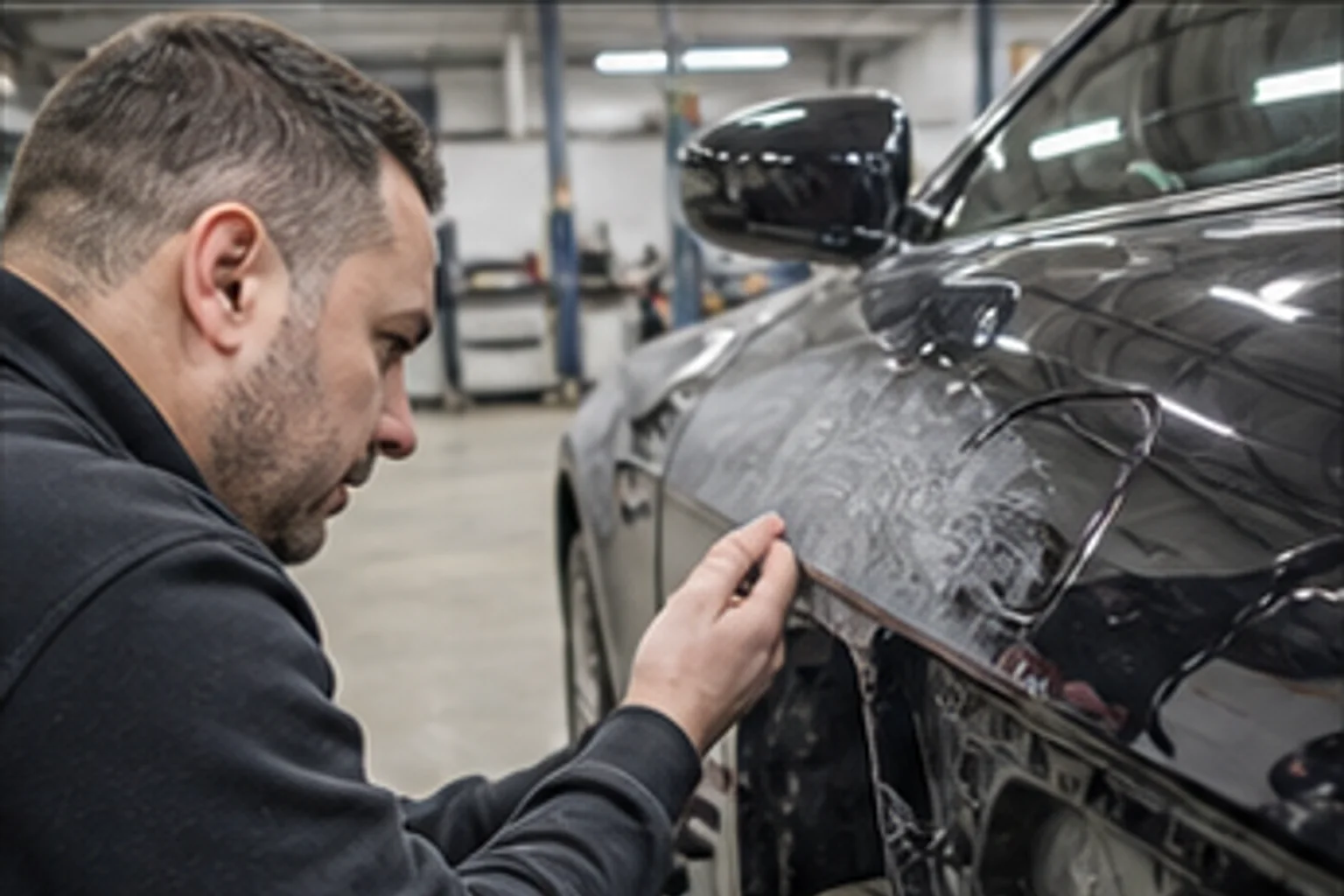 Technician inspecting repair work inside the Invisible Touch collision bay