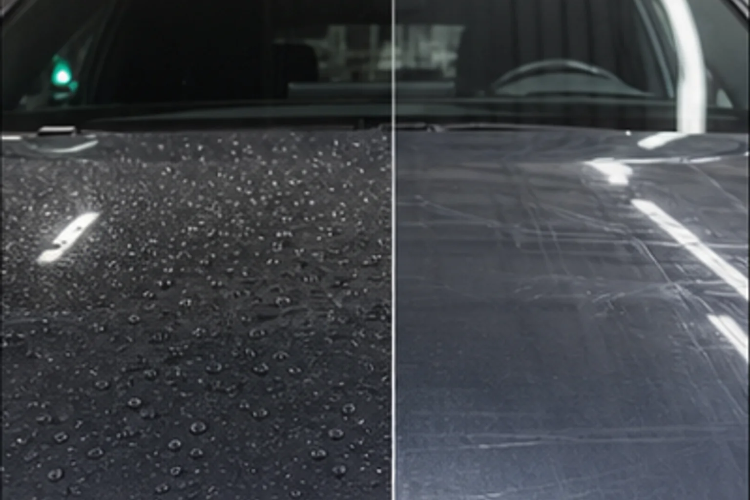 Ceramic-coated paint beside a hood protected with transparent paint protection film