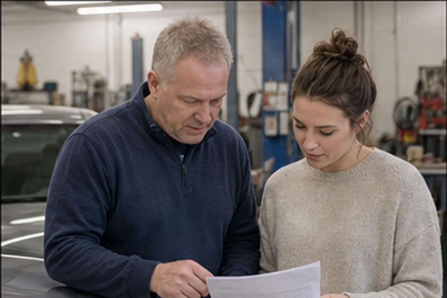 Repair estimator and vehicle owner reviewing collision insurance paperwork beside a damaged car