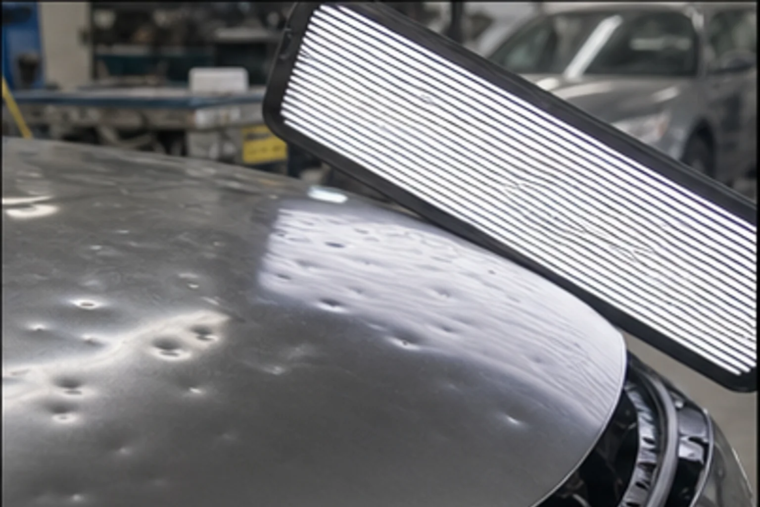 Vehicle hood covered in shallow rounded hail dents before PDR repair