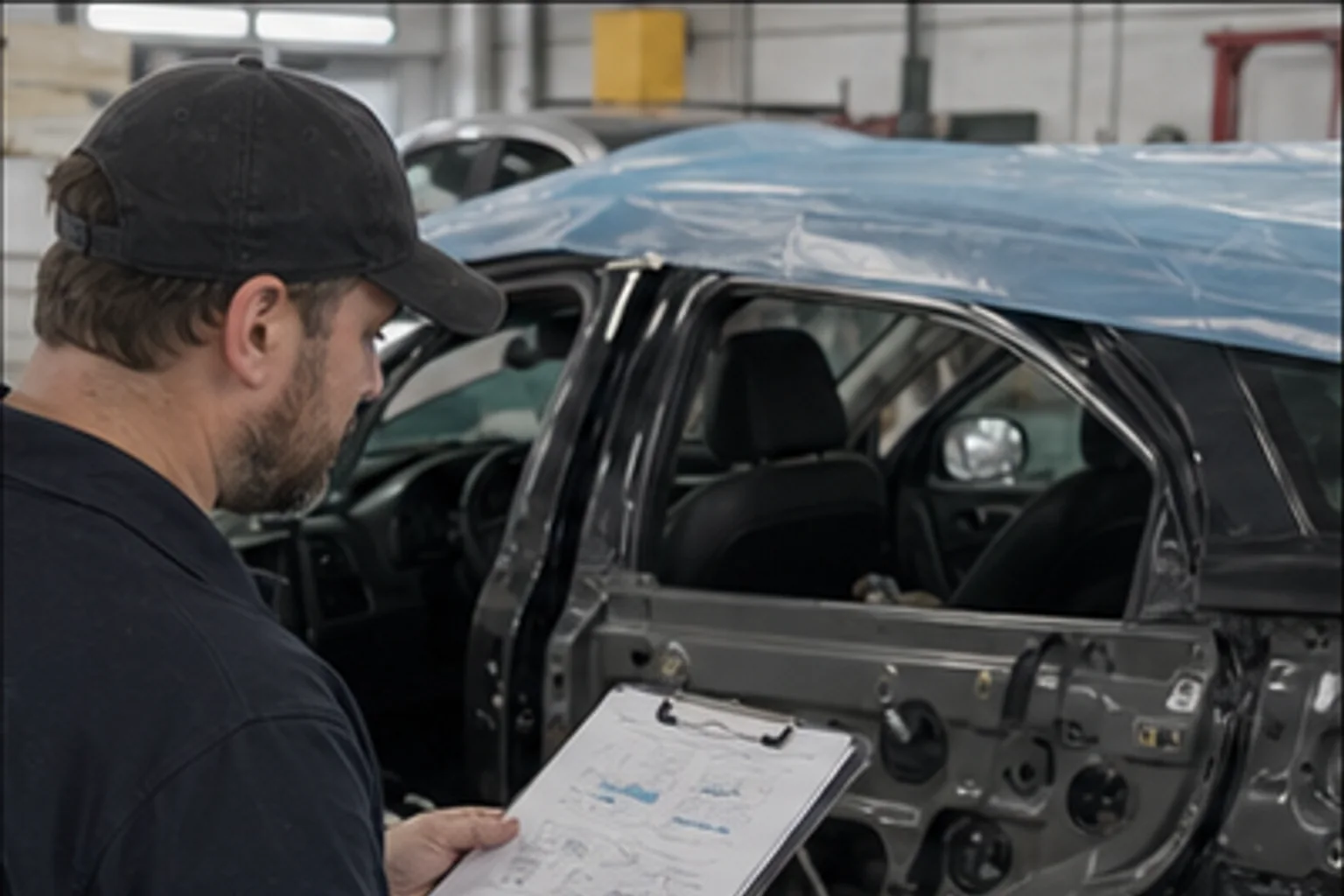 Vehicle midway through collision repair as a technician checks the repair schedule