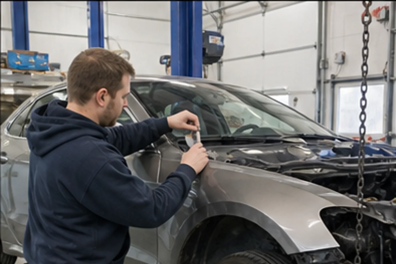 Technician inspecting repair work inside the Invisible Touch collision bay