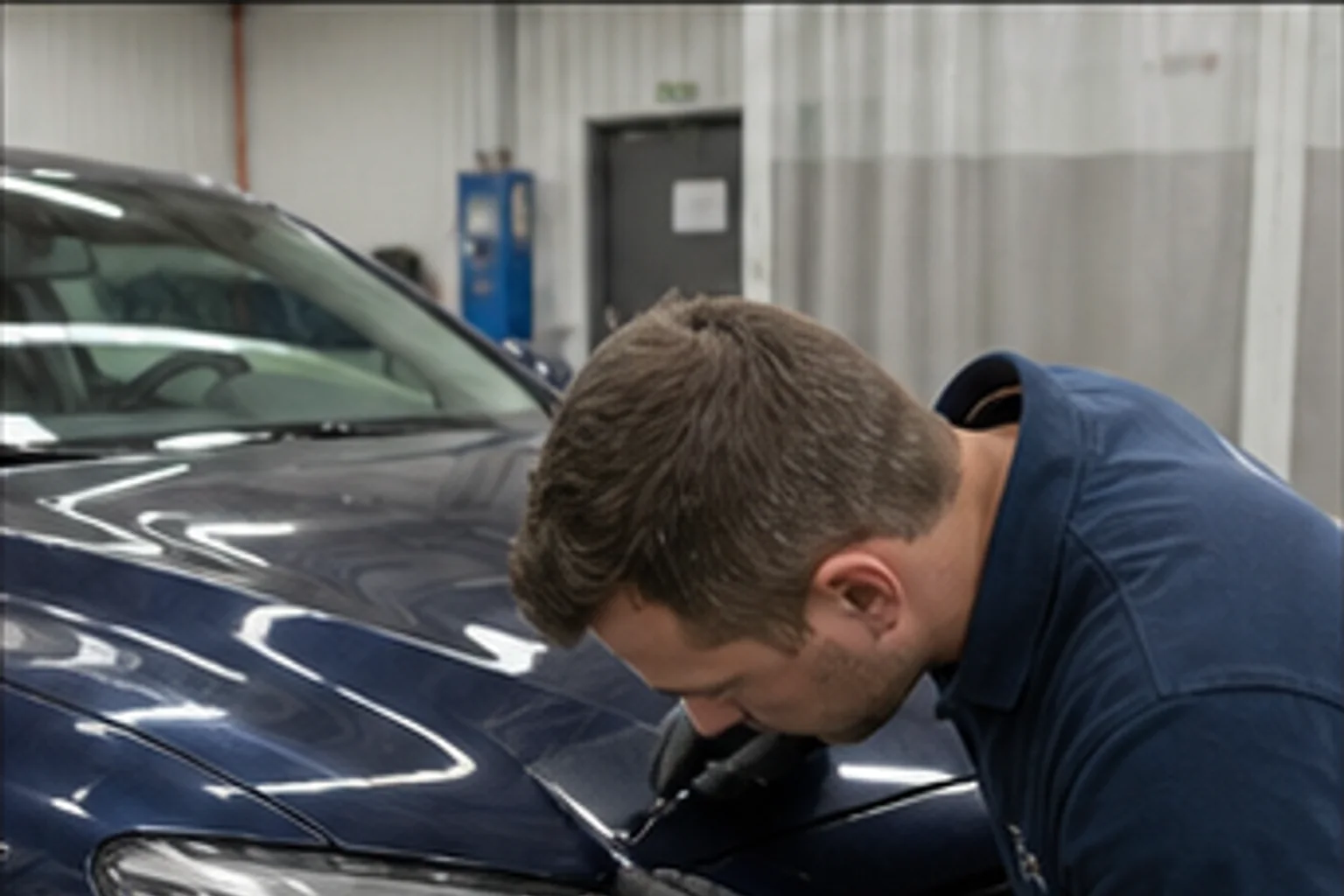 Technician inspecting repair work inside the Invisible Touch collision bay