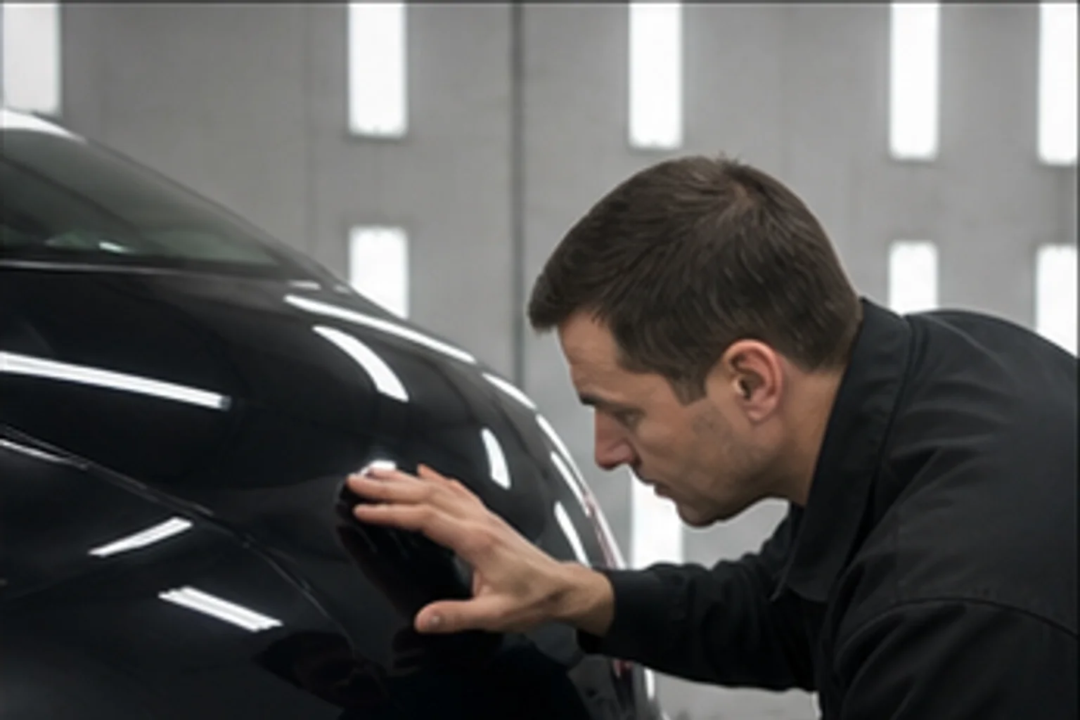 Technician inspecting repair work inside the Invisible Touch collision bay